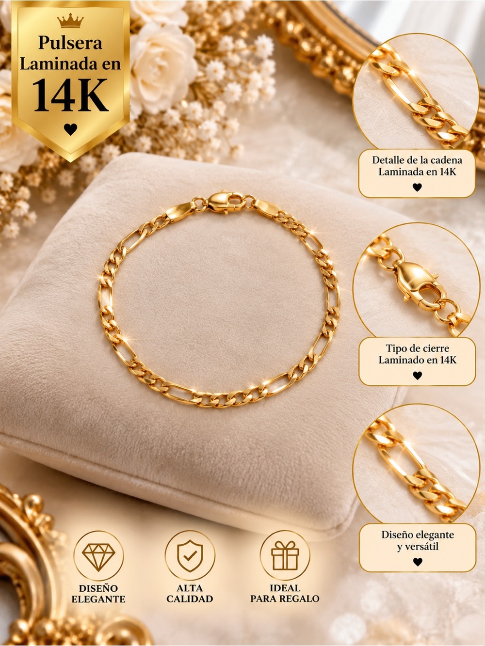 14K Laminated Gold Figaro Chain Bracelet - Classic Gold for Women